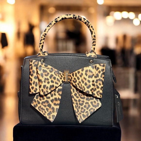 Crossi Black Satchel with Leopard Print Bow & Handles - Picture 2 of 11